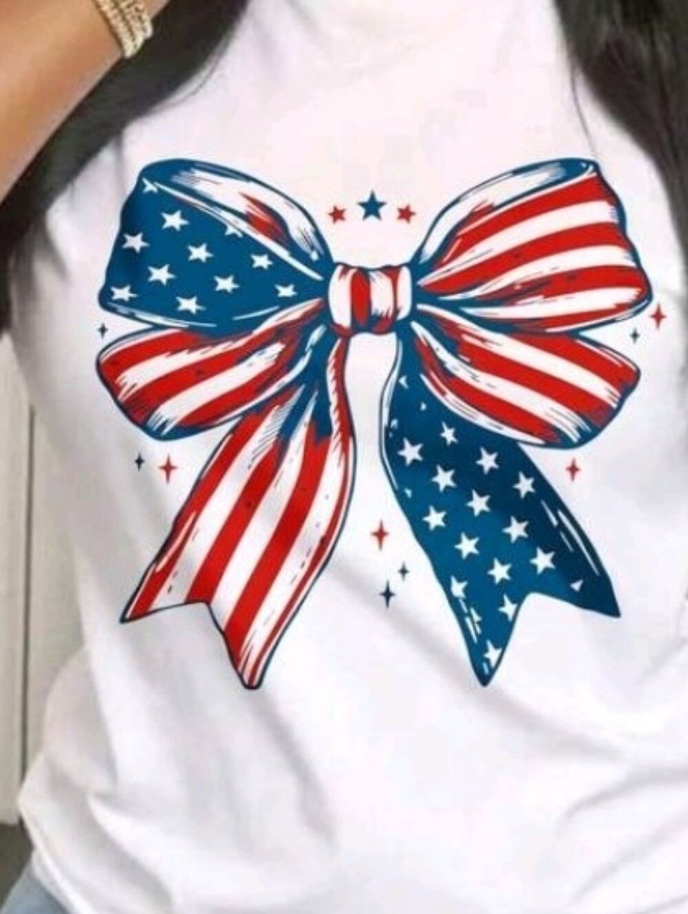 Women’s White Tee with Patriotic Red & Blue Bow Graphic
